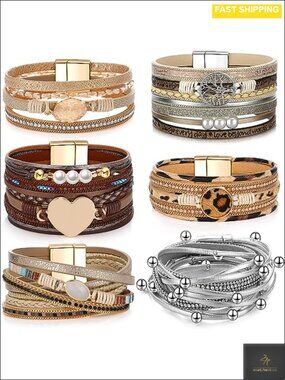 Boho Stackable PU Leather Bracelets Set Woven Multi Layer Wrap